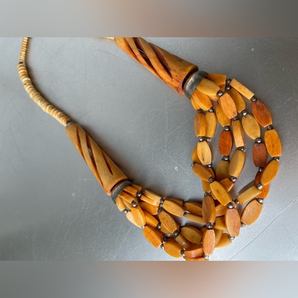 Vintage Hand Carved & Beaded Necklace Orange Multi Strand Unique Runway - Picture 3 of 5
